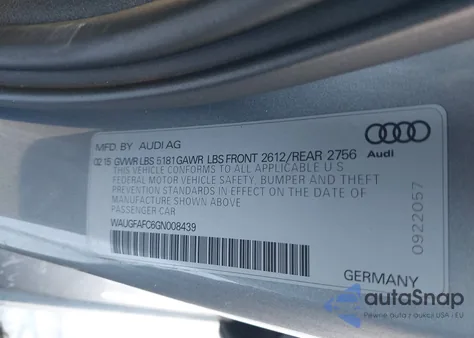 2016 Audi A6 2.0T Premium Plus z USA, uszkodzony, nr VIN WAUGFAFC6GN008439